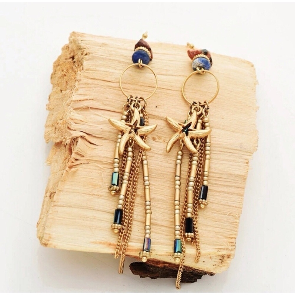 Artisan Made 18k Starfish Hematite Lapis & Jasper Earrings